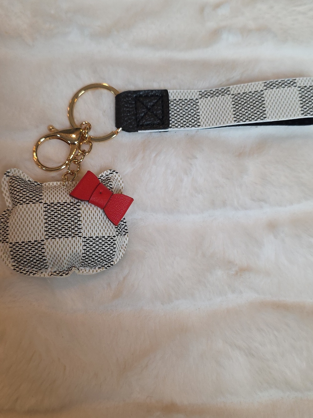 Checkered Kitty Keychain Wristlet with Red Bow